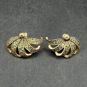 Vintage Emmons Damascene Brooch Clip On Earring Gold Tone‎ Black Fan Statement